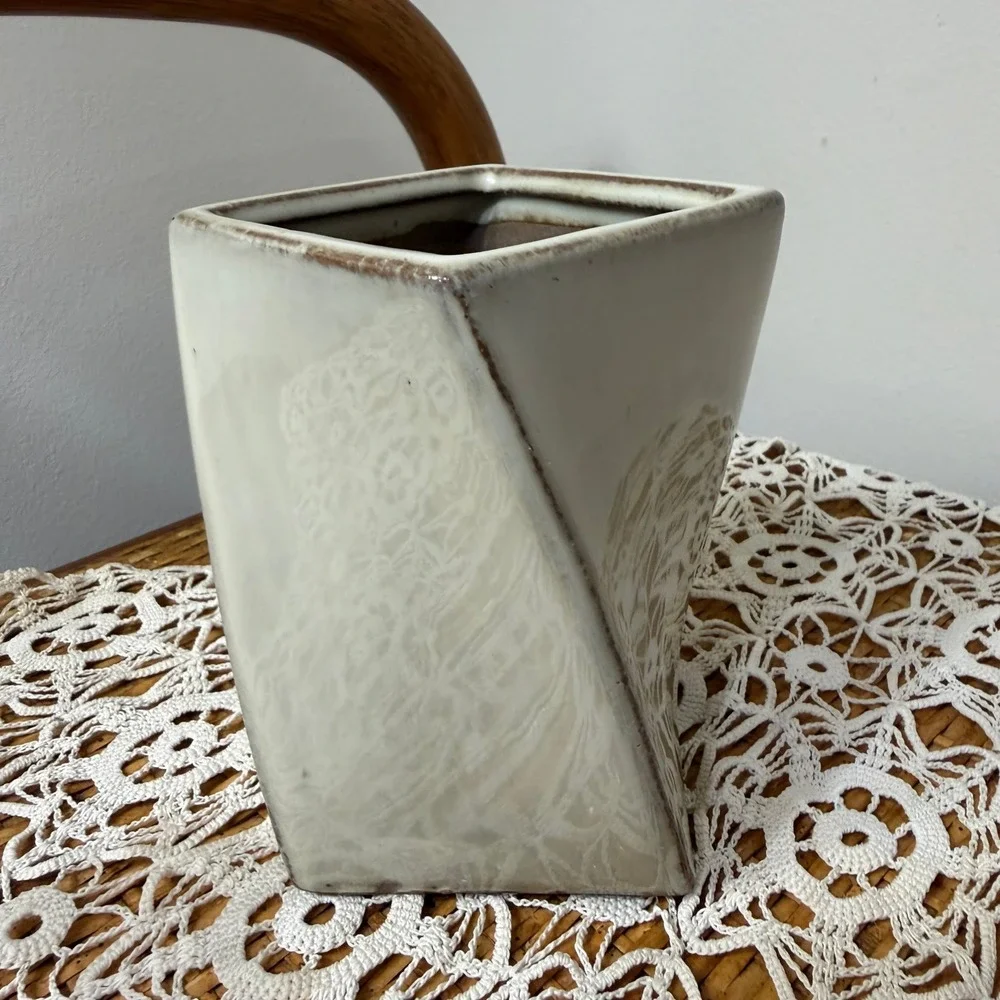 Modern Asymmetric Ceramic Vase Ivory Bronze Drip Glaze Geometric Wedge Decor